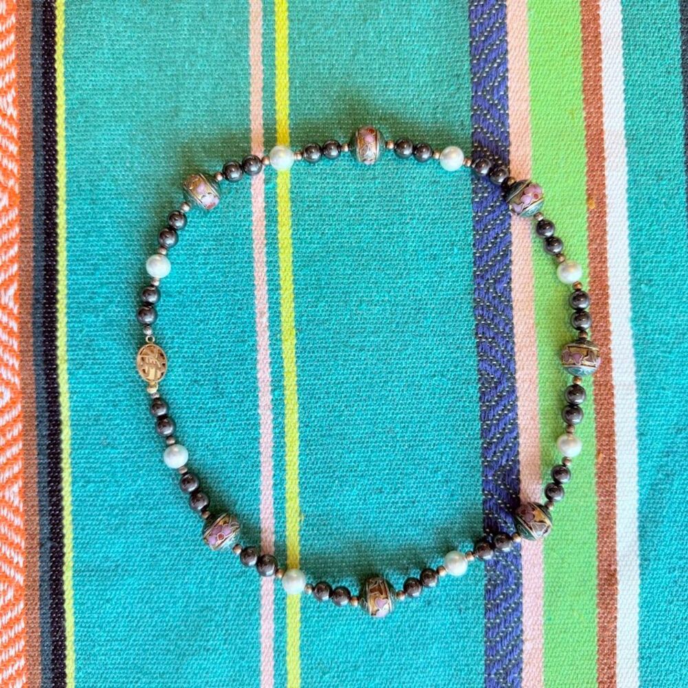 Vintage Chinese Cloisonne Beaded Hematite & Faux Pearl Necklace Fu Clasp